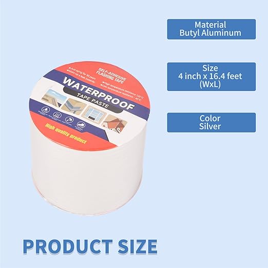4" W X 16.4'L Waterproof Tape for Leaks Aluminum Butyl Tape with Adhesive for RV Repair, Glass Repairs, Air Mattress Patch, Window Caulking, Boat Sealing, Roof Patching