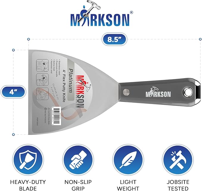 MARKSON Putty Knife 4", Scraper Tool Stainless Steel Blade, Paint Scraper with Nylon Handle Hammer End