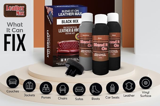 Blend It On Extra Large Black Mix Leather and Vinyl Repair Kit - Now with 6 Ounces for Furniture, Jacket, Sofa, Car Seat, Boots, Easy to Match Colors, Restore Any Material No Mixing Chart Needed
