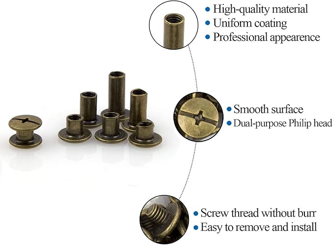Bronze Chicago Screws Leather Kit, 90 Sets, 6 Sizes (M5 X 4-12) | Screw Rivets, DIY Leather Craft, Bookbinding, Assorted Kit
