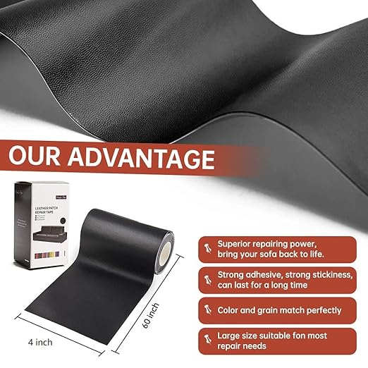 Leather Repair Patch Tape Kit Black 4 x 60 inch Self Adhesive Leather Repair Patch for Furniture, Couch, Sofa,Car Seats,Computer Chair, Vinyl Repair Kit