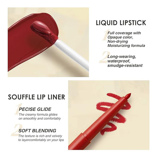BestLand 6Pcs Matte Liquid Lipstick + Lip Liner Pens Set, One Step Lips Makeup Kits Pigment Velvety Nude Lip Stain Waterproof Long Wear Lip Gloss Make up Gift Set (Graceful Nudes Collection)