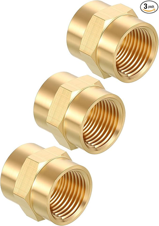 Pack of 3, 1/2" NPT FeMale to 1/2" NPT FeMale Solid Brass Pipe Fitting Coupler, Brass Coupling Hose Fittings Adapter for Pipe Leak Repair, Bathroom Remodeling, Tool Extensions