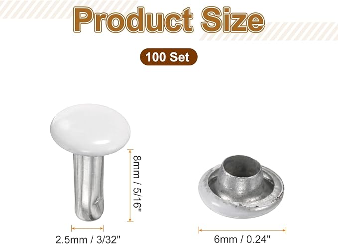 HARFINGTON 100 Sets Double Cap Leather Rivets, 6x8mm Round Cap Tubular Metal Studs Leather Crafting Rivets for Fabric Belt Pet Collar Boot Bag Repair and Decoration, White
