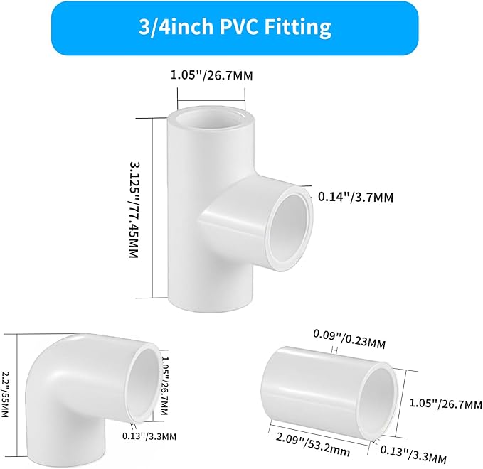 LESSO 30 Pcs 3/4" PVC Fittings Set, Includes 3/4 Inch Tee Fittings, Couplings, 90 Degree Elbows, Furniture Grade, Sch40 White for DIY Projects, Greenhouse, Shed, Plumbing, and Building