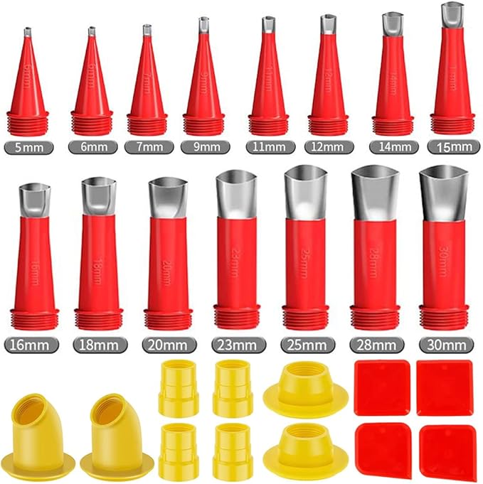 27 Pcs Caulking Finisher Kit, Reusable Caulking Nozzle Coating 15 Caulking Nozzle Applicators Caulking Tool Kit with 8 Connector Caulking Guns and 4 Grout Scraper for Bathroom Doors Windows