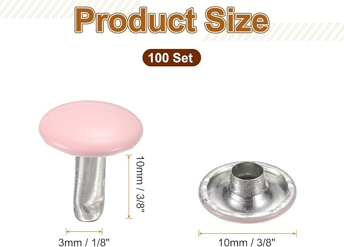 HARFINGTON 100 Sets Double Cap Leather Rivets, 10x10mm Round Cap Tubular Metal Studs Leather Crafting Rivets for Fabric Belt Pet Collar Boot Bag Repair and Decoration, Pink