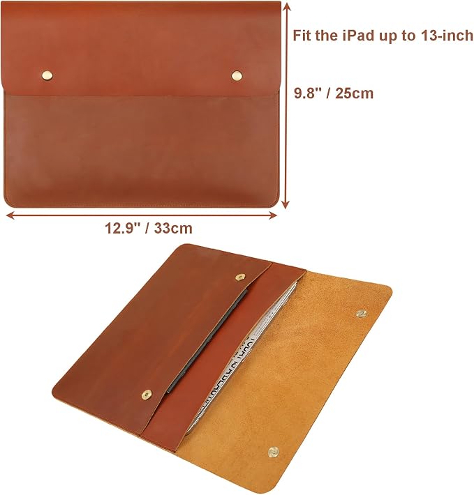 Leather Tablet Sleeve - 12.9 Inch iPad Sleeve, Document Holder Folio File Holder, Genuine Leather Laptop Sleeve Case for Protection and Style-Brown-Custom