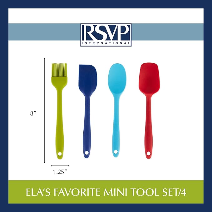RSVP International Ela Series Mini Spatula Set for Cooking & Baking Silicone Rubber Scraper, Great Tool for Kids, Spoon, Spatula & Brush, 4 Piece Set, Assorted Colors, 4 Count