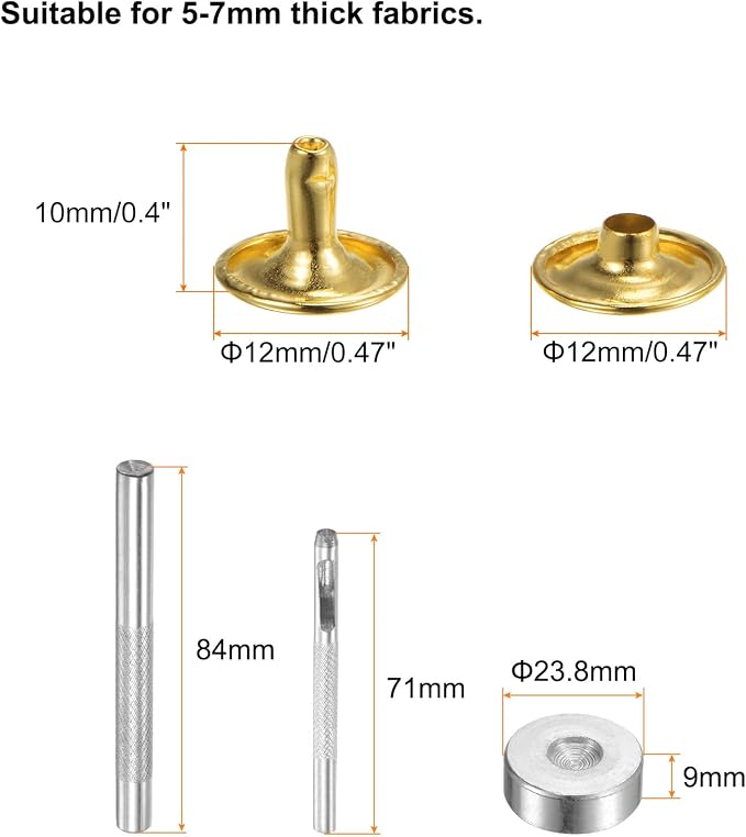 HARFINGTON 100 Sets Leather Rivets 10 x 12mm Metal Double Cap Rivet Snaps Studs Fasteners with 3pcs Setting Tools Rivets for Leather Craft DIY Repair Decoration, Gold Tone