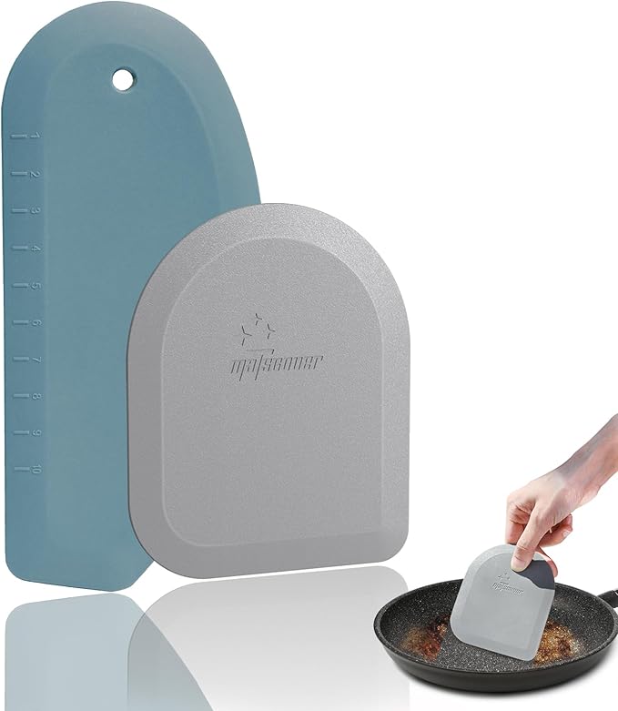 Bowl Scraper Dough Scraper Tool - Set of 2 Silicone Bench Scraper for Baking, Kitchen Pastry Scraper for Bread, Cake, Batter, cheese, Cream, Honey, Jam, Food Scraper with Curved Edge, Blue & Grey