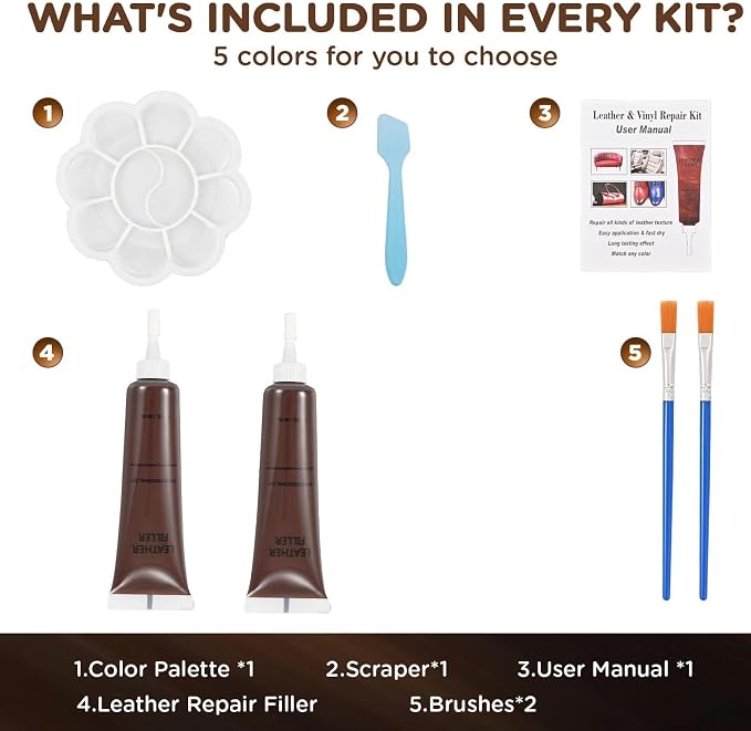 Kenbry Leather Repair Kit for Furniture, Car Interiors,Car Seat,Brown Leather & Vinyl Repair Kit for Couches,Shoes,Real & Artificial Leathers, PU, Fix Scratch, Tears, Peeling, Burn Hole, Fade