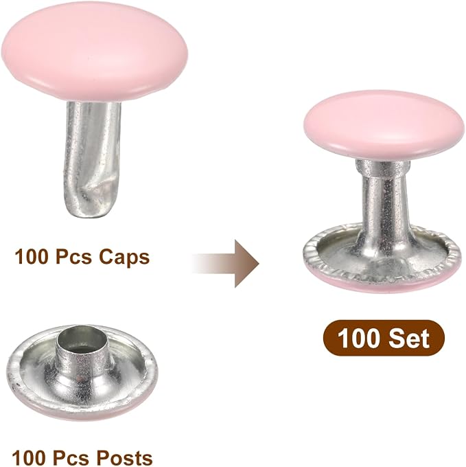 HARFINGTON 100 Sets Double Cap Leather Rivets, 10x10mm Round Cap Tubular Metal Studs Leather Crafting Rivets for Fabric Belt Pet Collar Boot Bag Repair and Decoration, Pink