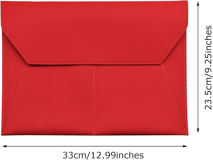 PU Leather A4 File Folder Document Holder with 3 Pockets Waterproof Stylish Envelope Folder Case with Snap Closure (Red)