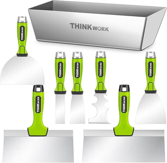 THINKWORK Drywall Tools - 8Pcs Stainless Steel Drywall Knife Set with Putty Knife, Taping Knives, Painter Scraper & 10" Mud Pan, Spackle Tool Set for Joint Taping, Finishing & Patching