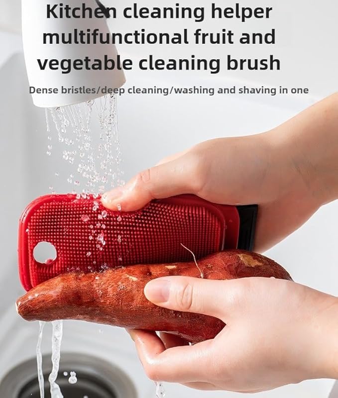 3-in-1 Silicone Dish Sponge-Food-Grade BPA-Free Cleaning Brush with Dual-Sided Comb&Scraper,Hanging Hole for Easy Storage,Fast-Dry Reusable Kitchen Gadget for Dishes/Fruits/Vegetables (Red+Grey)