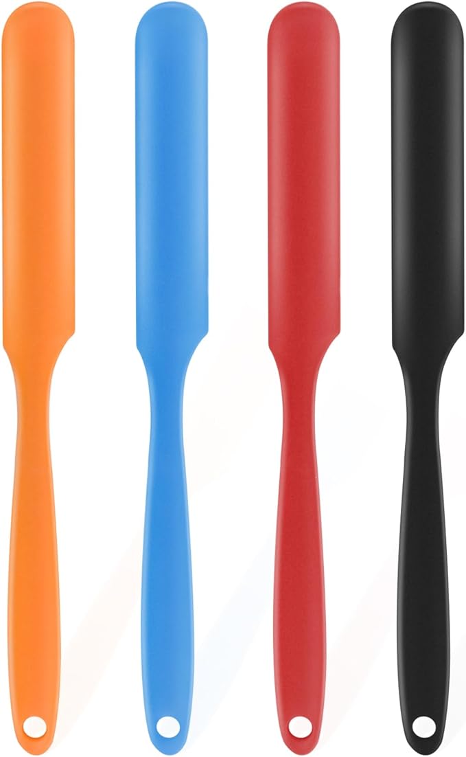 4-Piece Silicone Jar Spatula Set - Long Handle Nonstick Tool for Peanut Butter, Jam, Cake Decorating | Batter Mixing Blade, Flexible Baking & Cooking Utensil (4 Colors)