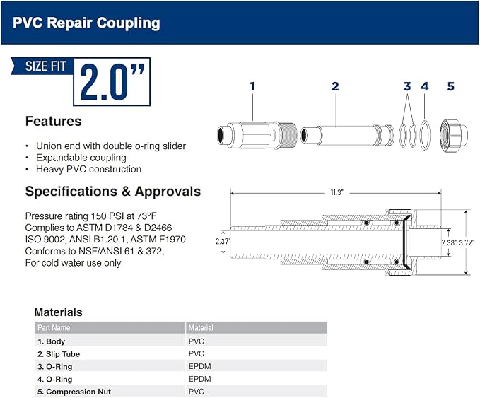 Midline Valve 567SD200 Heavy Duty PVC Repair Coupling; Expandable Pipe Fitting; 2''; White Plastic