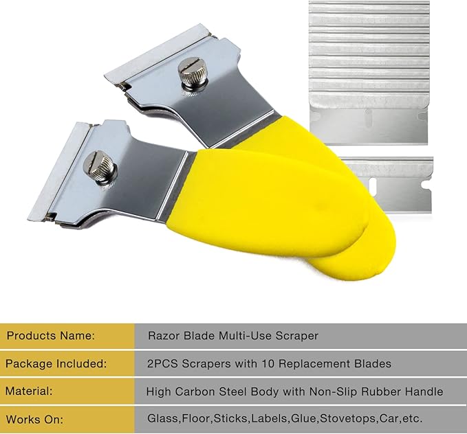 Multi-Purpose Scraper Tool 2 Pack – Metal Razor Blade Scraper Set with 10 Extra Blades, Non Scratch Scraper for Glass Stove Top, Paint Removal, Caulk Remover, Sticker Decal Adhesive Spealloy
