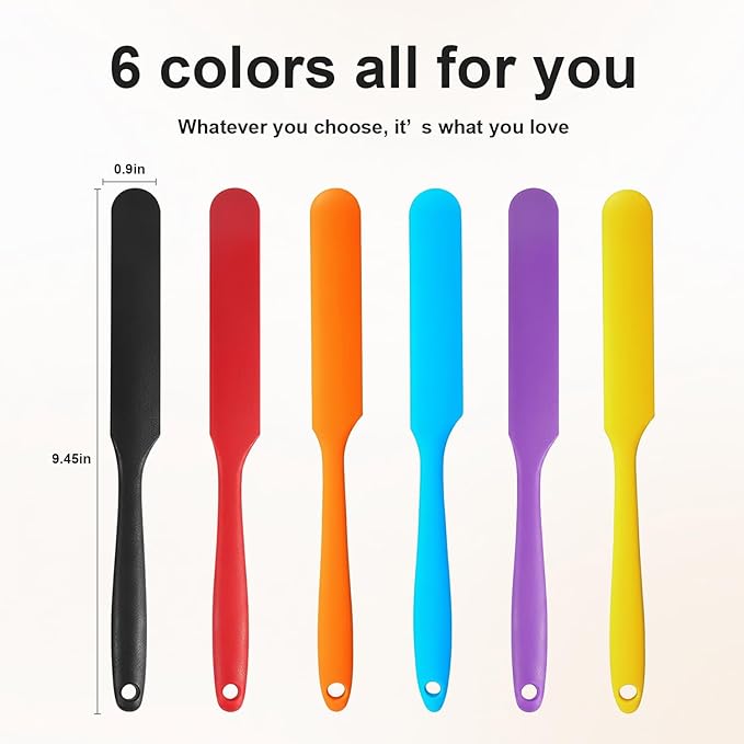 6 Pcs Silicone Jar Spatula Set, Long Handle Heat Resistant Skinny Spatulas for Jars & Bottles, Non-Stick Flexible Scrapers for Baking, Mixing, Jam, Cake Cream & Butter Spreading(6 colors）