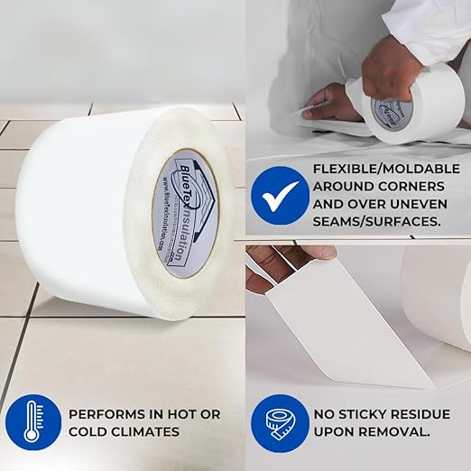 BlueTex Insulationㅤ3 Wide x 180' Long White Vapor Barrier Seam Tape - 4 Rolls Bulk Pack, Great for Crawlspaces, Waterproofing, Insulation Repairs, Underlayment Seams, Metal Building Insulation Seams