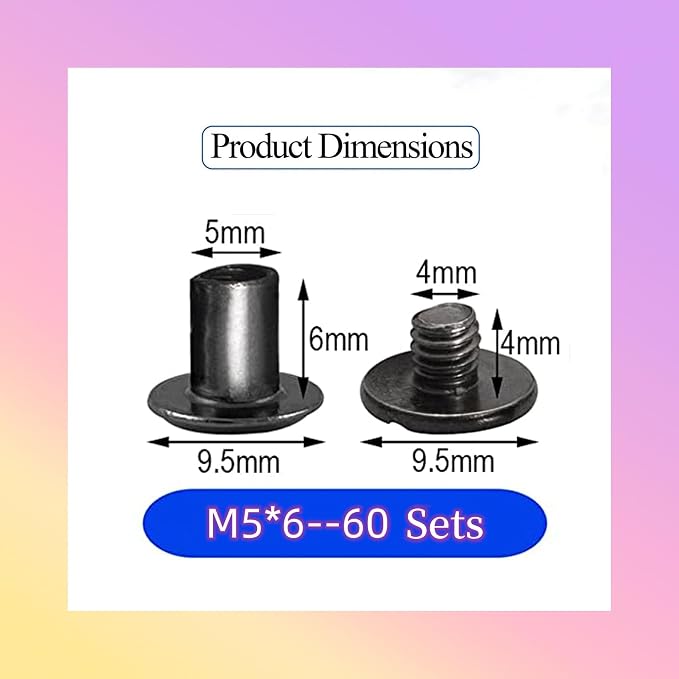 60 Sets M5*6mm Gun Black Leather Rivets Screws Rivets Chicago Binding Screws Adjust and Repair Leather Craft Belts, Bags, Shoes, Purse Bindings