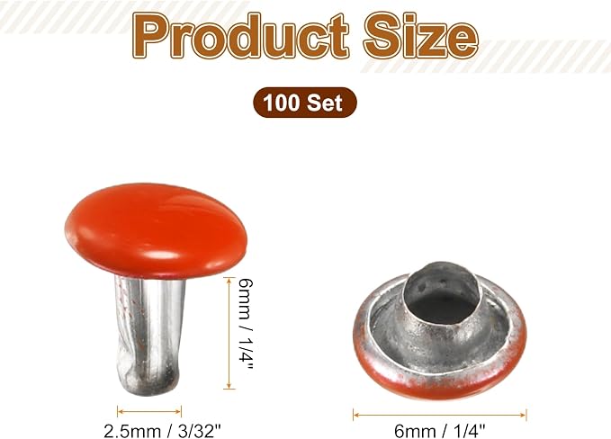 HARFINGTON 100 Sets Double Cap Leather Rivets, 6x6mm Round Cap Tubular Metal Studs Leather Crafting Rivets for Fabric Belt Pet Collar Boot Bag Repair and Decoration, Orange