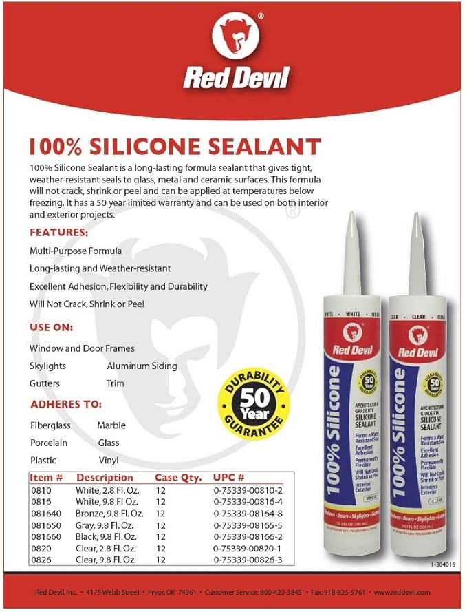 Red Devil 081650 100% Silicone Sealant Architectural Grade, 9.8 oz., Gray, 1 Pack