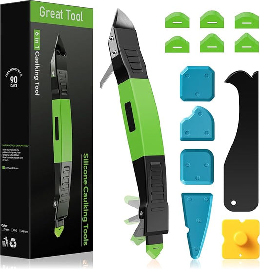 6 in 1 Silicone Caulking Tool Kit with Caulk Grout Remover Tool Sealant Finishing & Smoothing Tool, Grout Scraper, 6 Reusable Pads and Adhesive Residue Scraper for Kitchen Bathroom Tile Sink (Green)