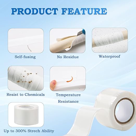 Self Fusing Silicone Tape 1 in x 5' White Waterproof Rubber Leak Proof Sealing Tape Silicone Rubber Self-amalgamating Tape for Emergency Hot and Cold Water Pipe Repairs and Tool Fixation