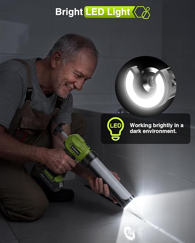 Taskstar Cordless Caulking Gun with Battery, Electric Caulking Gun with Caulking Tool 3 in 1, LED Light and 4-Adjustable Speed, Automatic Silicone Gun No Drip Compatible with Makita 18-21V Battery
