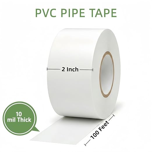 Pipe Wrap Tape 100' Length x 2" Width -10 Mil Thick,PVC Corrosion Protection,Width White Insulation Tape for Drain Pipe, Metal & Electrical Piping, Underground Pipe (2 Pack)
