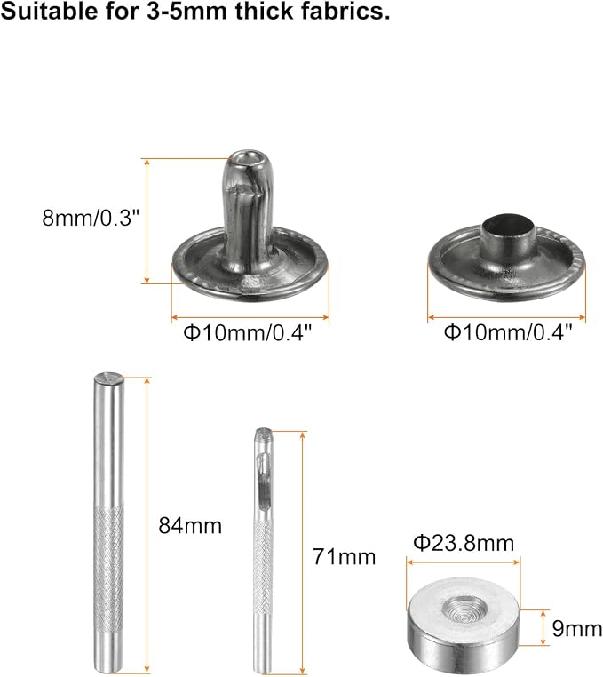 HARFINGTON 100 Sets Leather Rivets 8 x 10mm Metal Double Cap Rivet Snaps Studs Fasteners with 3pcs Setting Tools for Leather Craft DIY Repair Decoration, Gunmetal