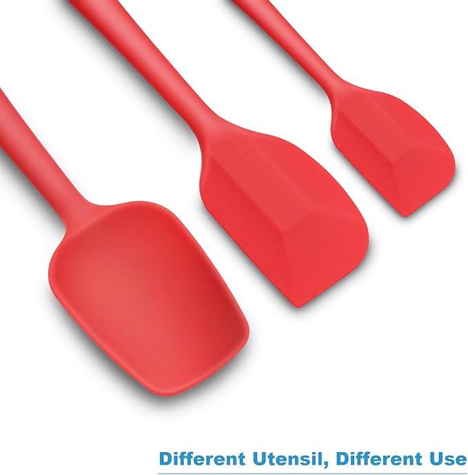 Silicone Spatula 3‑Piece Set Heat Resistant 600°F Non‑Stick Rubber Spatulas with Stainless Steel Core ALLWIN HOUSEWARE Large Spatula, Spoonula & Mini Spatula for Cooking & Baking, Red
