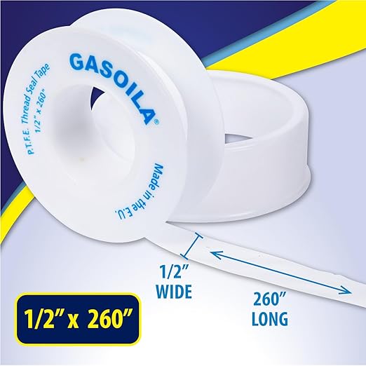 Gasoila PTFE Thread Seal Tape – Professional-Grade, 1/2 Inch x 260 Inch, Low-Density Thread Tape for Plumbing and Water Pipes – Leak-Proof Seal, Non-Toxic, Pack of 5