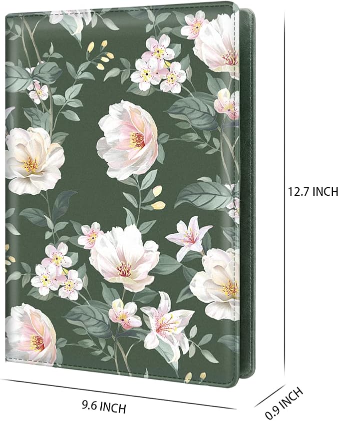 Portfolio Case for Women, Padfolio Cover for Girls, Conference/Resume/Legal Document Organizer with Letter/A4 Size Clipboard Hardboard, Business Card Holders, Green Flower