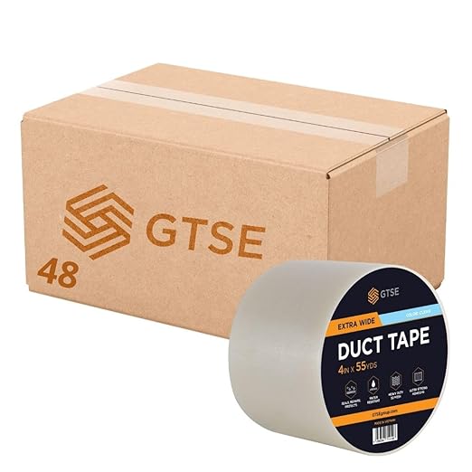 GTSE Wide Duct Tape, Clear, 4 Inches x 55 Yards (164 ft), Heavy Duty, Waterproof Repair Tape for Indoor or Outdoor Use, 48 Rolls