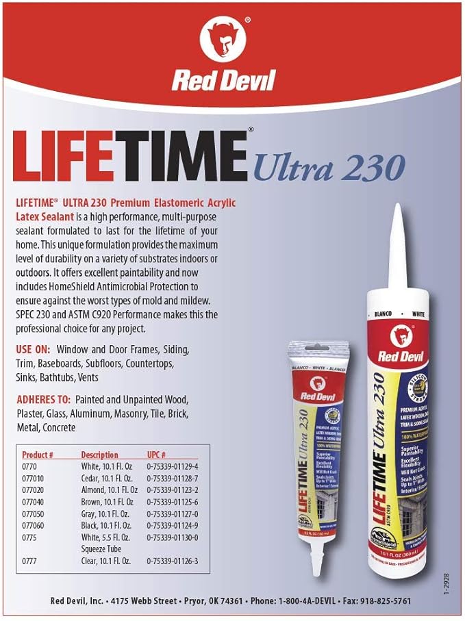 Red Devil 077050 Lifetime Ultra Premium Elastomeric Acrylic Latex Sealant, 10.1 oz., Gray, 1 Pack