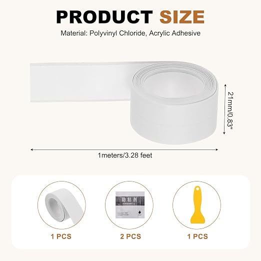 uxcell Caulk Tape Waterproof, 0.83 Inch x 3.28 ft Self-Adhesive Sealant Sealing Strip Caulking Sealant Tape PVC with Tool for Kitchen Sink Toilet Bathroom Bathtub Floor, White
