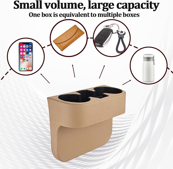 Car Gap Filler Organizer, Multifunctional Leather Console Side Crevice Blocker Storage Box with Cup Holder, Auto Seat Gap Stopper Organizer for Keys, Phones, Glasses, Universal Fit (Beige)