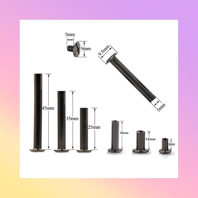 126 PCS Black Leather Rivets Set Screws Rivets M5 Chicago Binding Screws Adjust and Repair Leather Craft Belts, Bags, Shoes, Purse Bindings (M5 * 6.12.18.25.35.45).