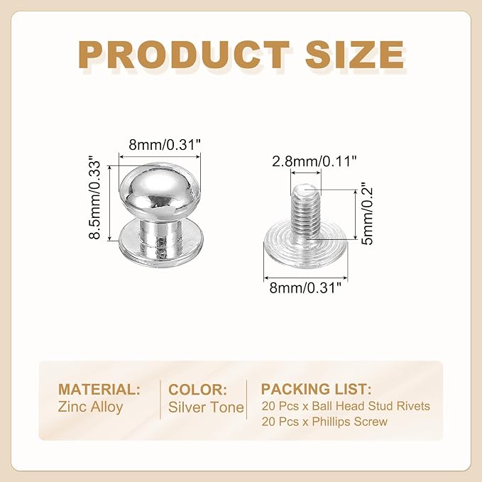 PATIKIL 8 mm Leather Rivets, 20 Sets Ball Head Stud Screw Back Round Head Button Chicago Screw Nipple Stud Rivet for Leather DIY Craft Handbag Belt Repairs, Silver Tone