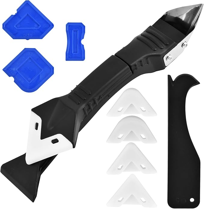 Silicone Caulking Tool, 3 in 1 Caulking Remover Glazing Compound Finishing Tool with 5 Replacement Silicone Scraper Pads, Grout Scraper Kit for Bathroom, Kitchen, Floor, Window, Sink Joint