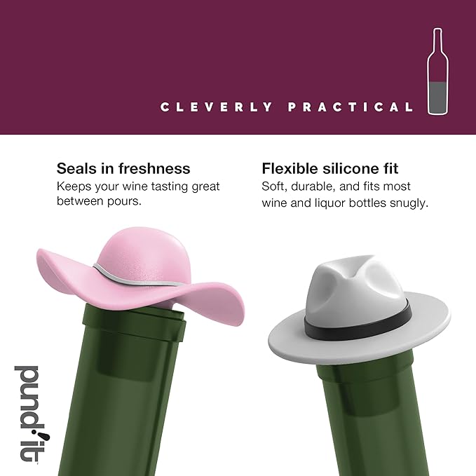 Pund'it Cap It Off Wine Bottle Stoppers, Set of 2 Stylish Hat Silicone Champagne and Wine Corks