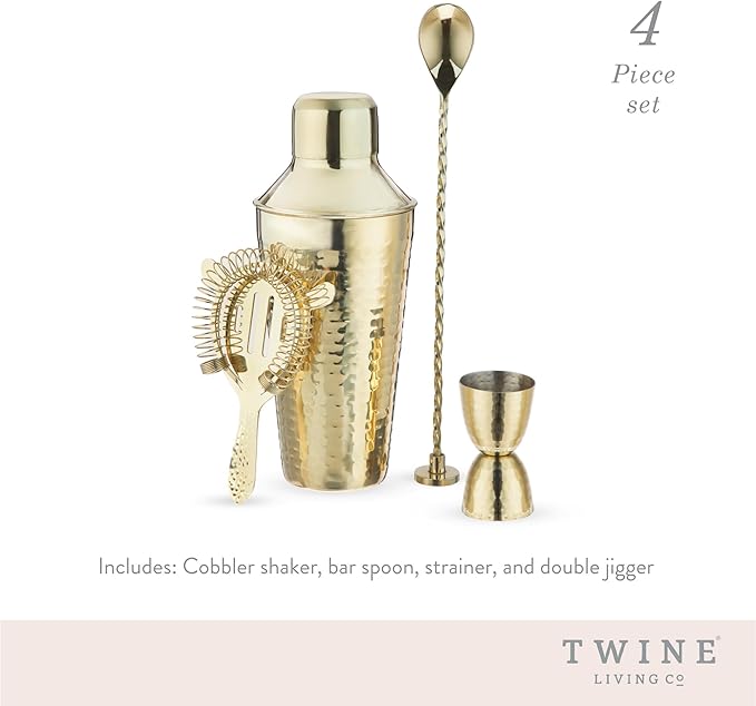 Twine 4-Piece Gold Hammered Cocktail Shaker Set Includes Cobbler Shaker, Strainer, Jigger, Bar Spoon for Classic Cocktails, Mixed Drinks, Cold Brew, Home Bar Tools, Bartender Kit, Bar Cart Accessories