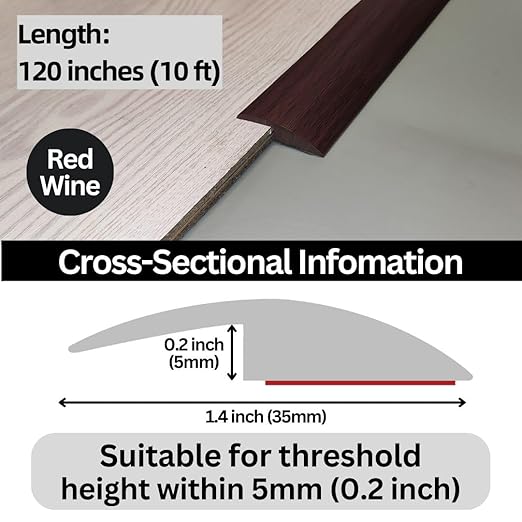 Maxiroc Floor Transition Strip Self Adhesive Carpet Wood Tile Vinyl Flooring Laminate Transition Cover Edge Trim Gap Doorway Threshold for Uneven Floors Heights Within 5 mm (120 inches, Red Wine)