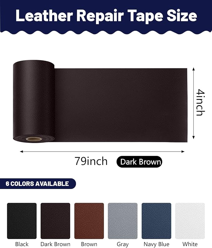 BOUYEER Leather Repair Patch Tape Kit,Self Adhesive Leather Repair for Sofa，Car Seat,Office Chair,Furniture,Jacket,Waterproof Strong Adhesive Vinyl Repair Kit. 4 in x 79 in,Fine Grained Dark Brown
