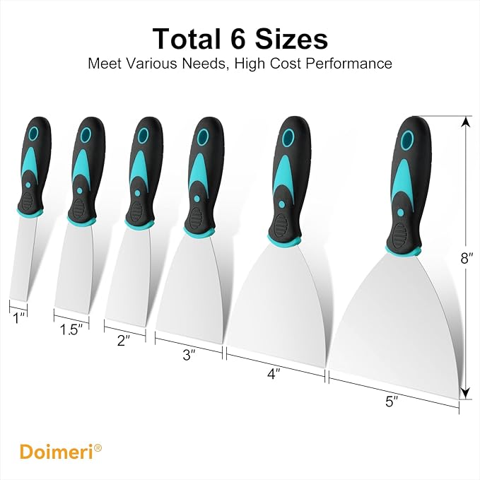 6 Pack Putty Knife, 1” 1.5” 2” 3” 4” 5” Spackle Knives, Premium Stainless Steel Paint Scraper, Perfect Tools for Repairing Drywall, Removing Wallpaper, Applying Mud Plaster