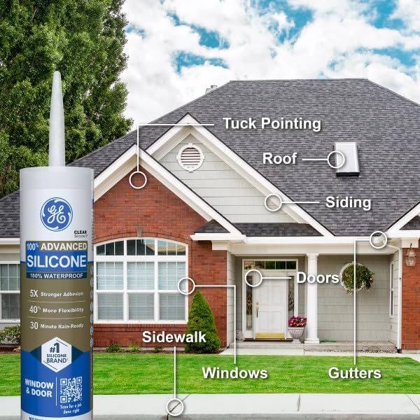 GE Advanced Silicone Caulk for Window & Door, Clear, 10 fl oz Cartridge, 12 Pack - 100% Waterproof Silicone Sealant, 5X Stronger Adhesion, Shrink & Crack Proof