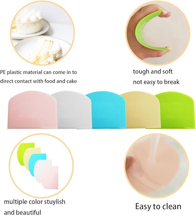 5 Pack Flexible Plastic Dough Scrapers, Multipurpose Bench Cutters for Bread Cake Pastry, Pastry Dividers, Lightweight Baking Tools for Home Kitchen, Bakery, Cooking Class